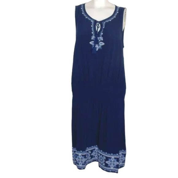 J. JILL Dress, L, Blue, Embroidered, Smocked waist, Sleeveless, Tie neckline - Picture 10 of 13